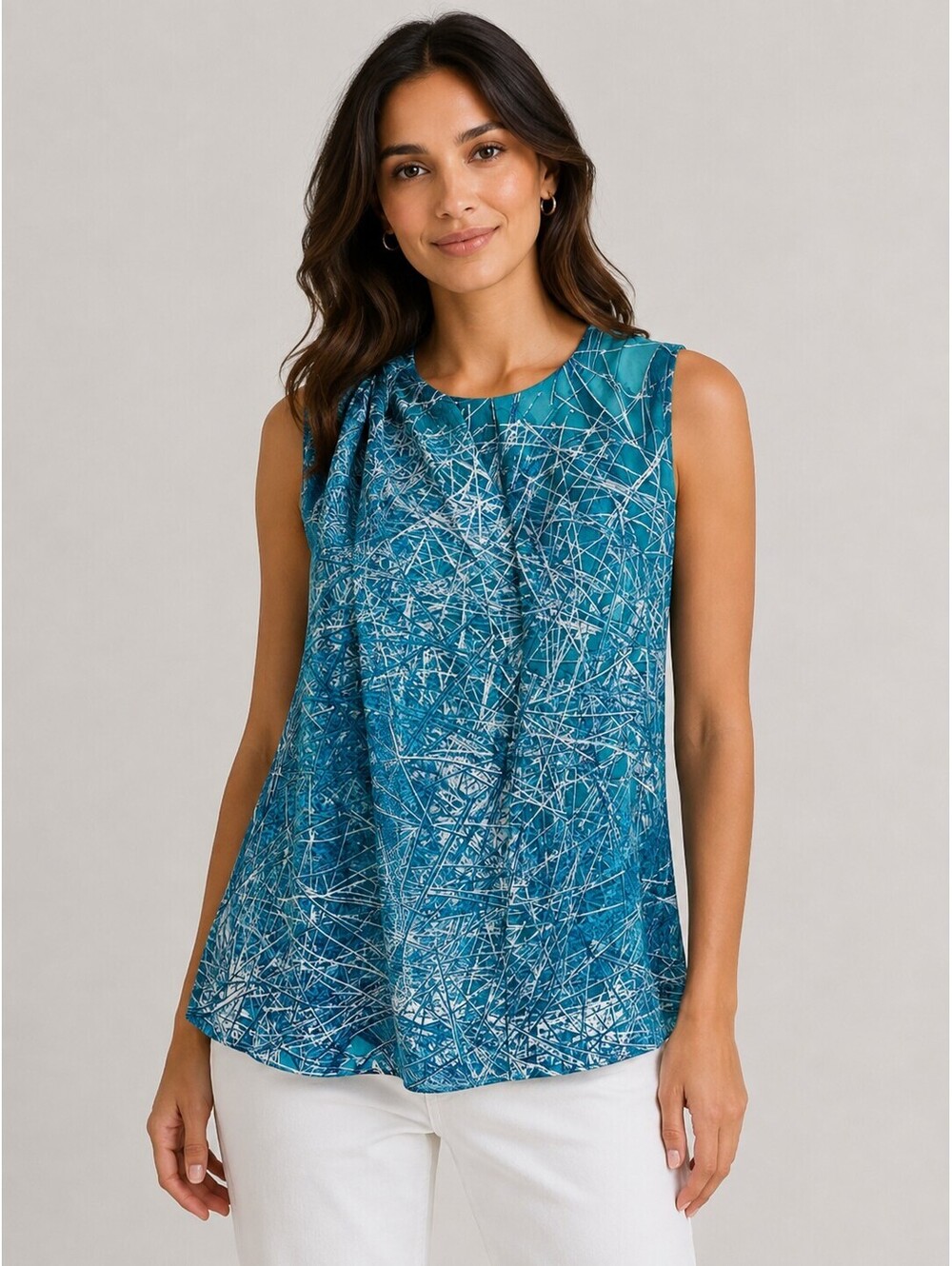 Halston Heritage Teal Tourquose Abstract Print Silk Preppy Top Blouse XS Coastal